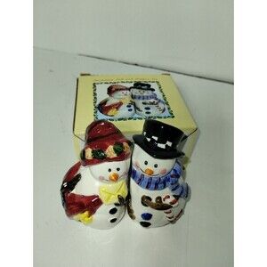 Snowman Couple in Original Box Salt and‎ Pepper Shakers Mr and Mrs Snowman